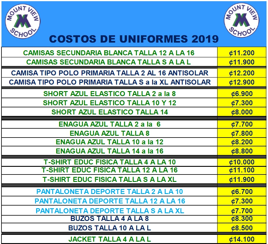 Costos de Uniformes 2016