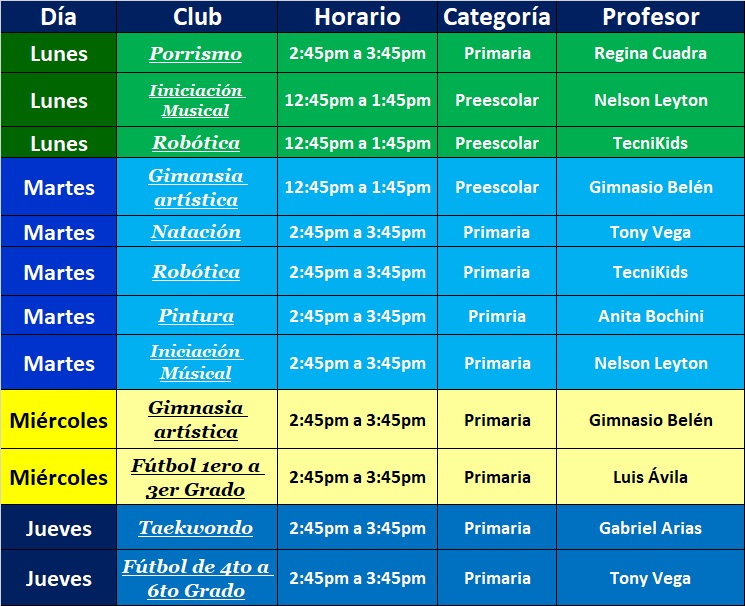 Horarios Clubes 2017